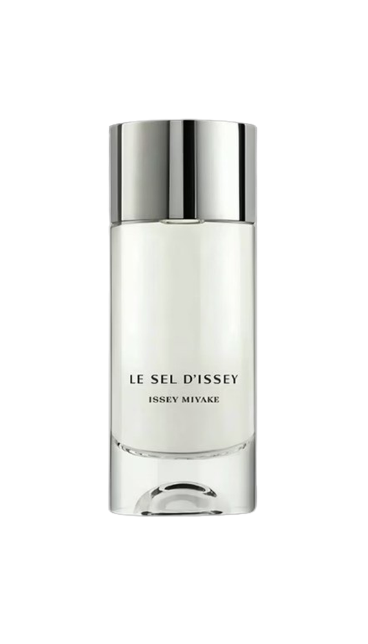 Issey Miyake Le Sel d'Issey perfume bottle with a reflective silver cap and clear glass body, shown on a plain white background.