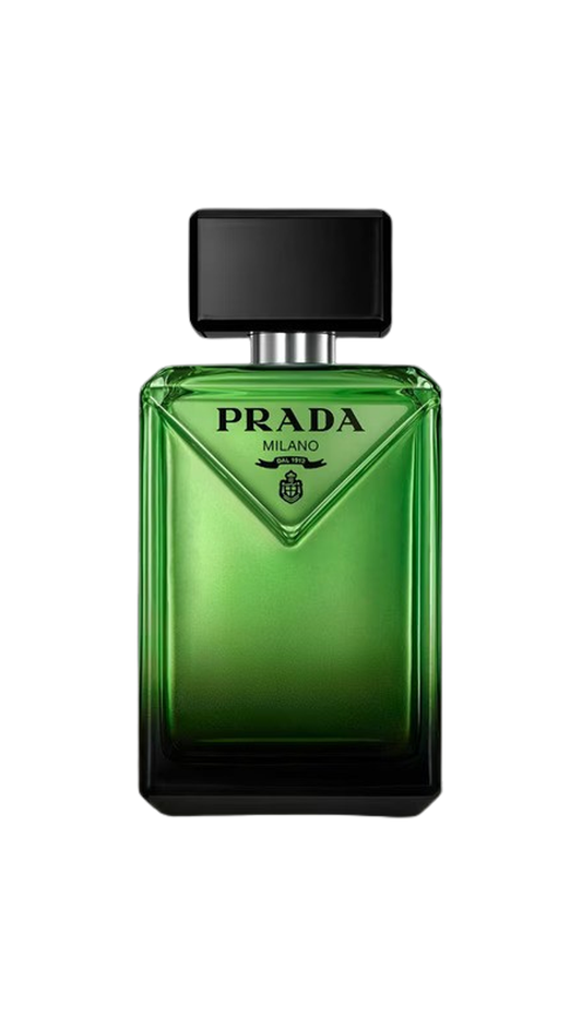 Prada Milano Eau de Toilette bottle in green glass with a black cap, shown on a plain white background.